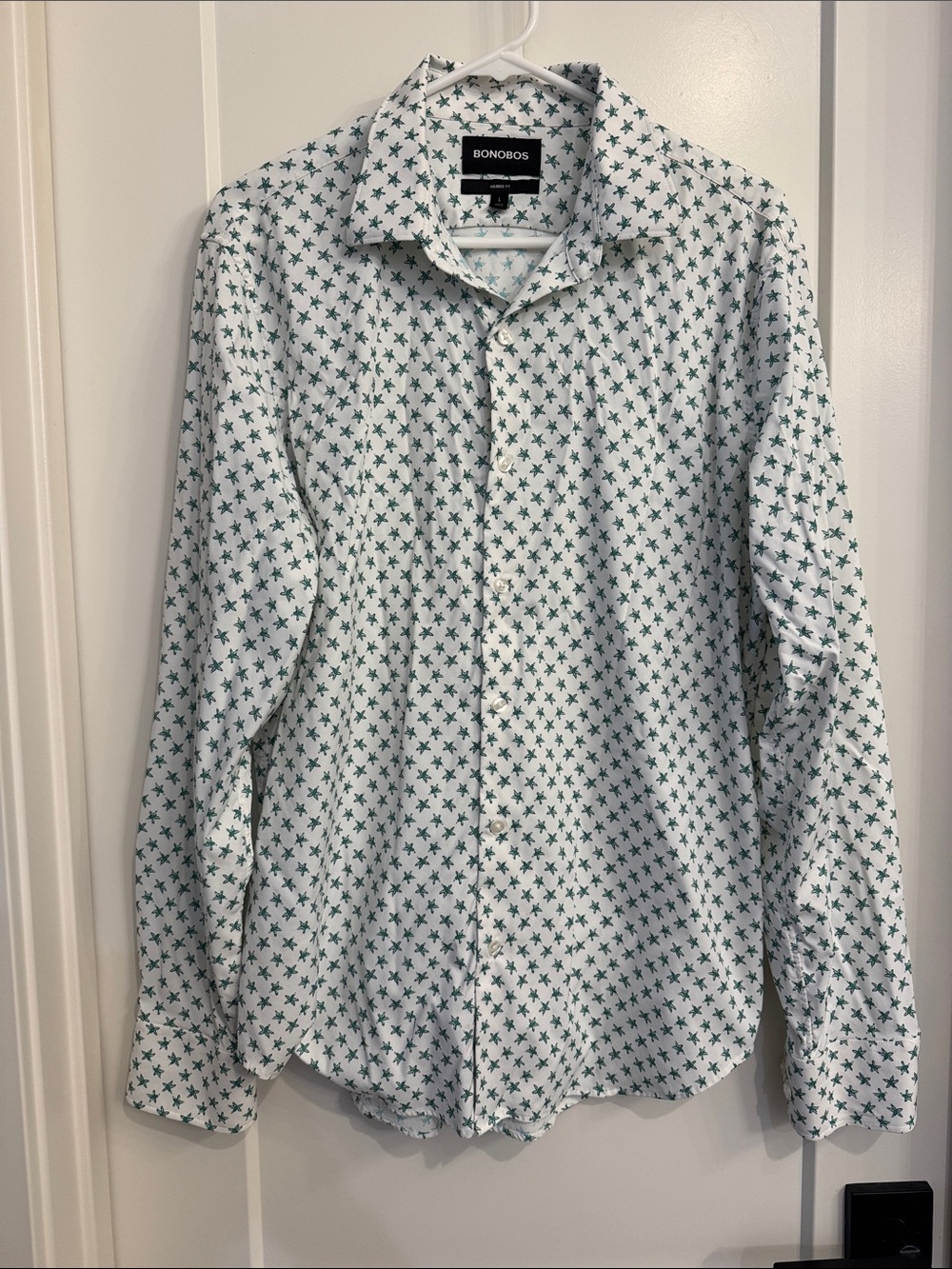 Bonobos White Button-Down Shirt with Green Star Pattern